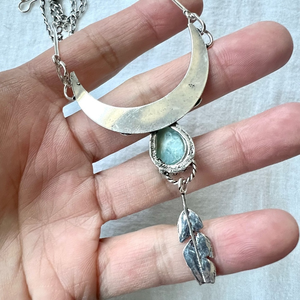 925 Flawed Boho Caribbean Larimar Feather Pendant Necklace - Picture 9 of 10